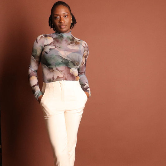 Elysia Sheer Long Sleeve Floral Bodysuit - Grey Tops Mo'Nique Couture Fashions