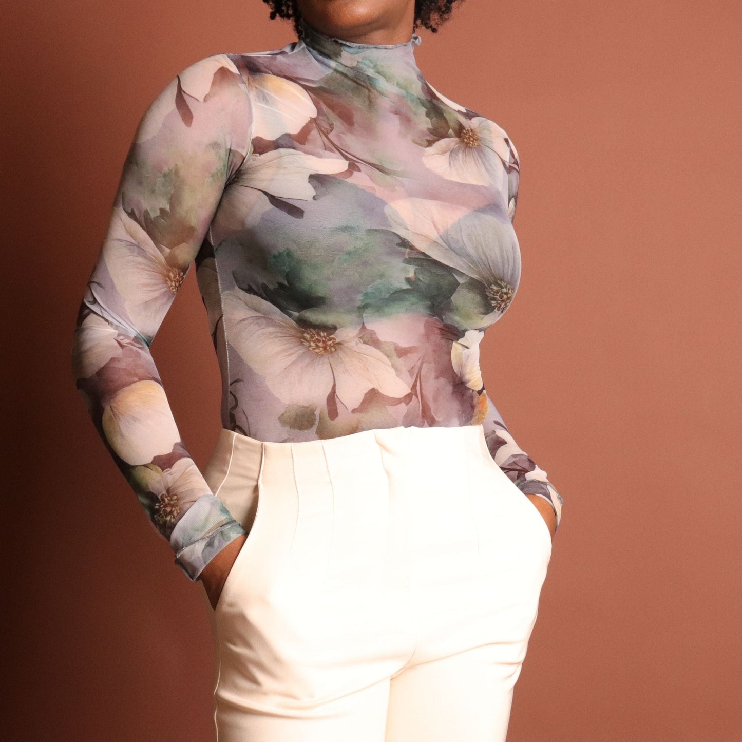 Elysia Sheer Long Sleeve Floral Bodysuit - Grey Tops Mo'Nique Couture Fashions Small Grey