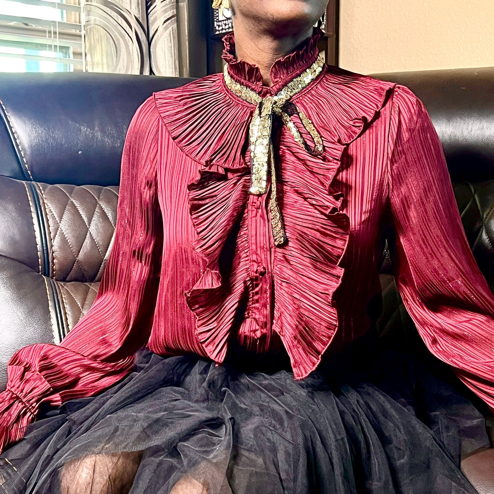 Women's Red Long Sleeve Ruffle Blouse Tops Mo'Nique Couture Fashions