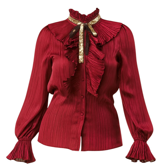 Women's Red Long Sleeve Ruffle Blouse Tops Mo'Nique Couture Fashions