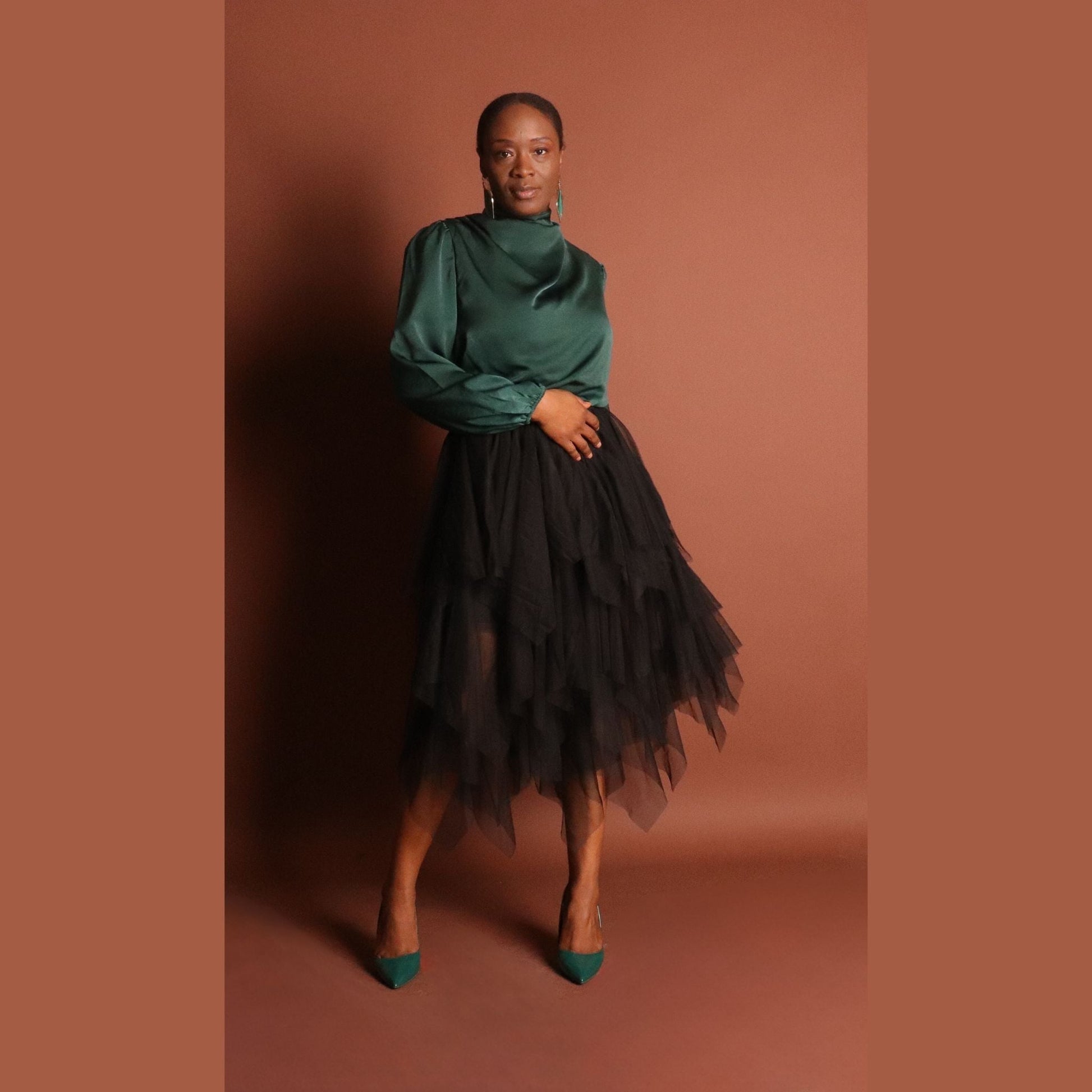 Woman's Black Layered Midi Ruffle Skirt Skirts Mo'Nique Couture Fashions