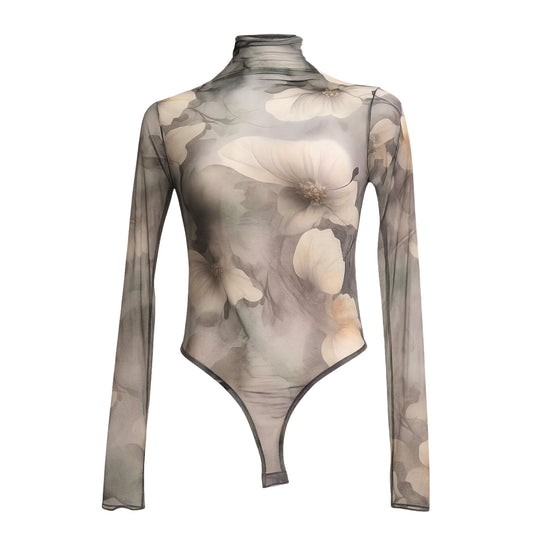 Elysia Sheer Long Sleeve Floral Bodysuit - Grey Tops Mo'Nique Couture Fashions