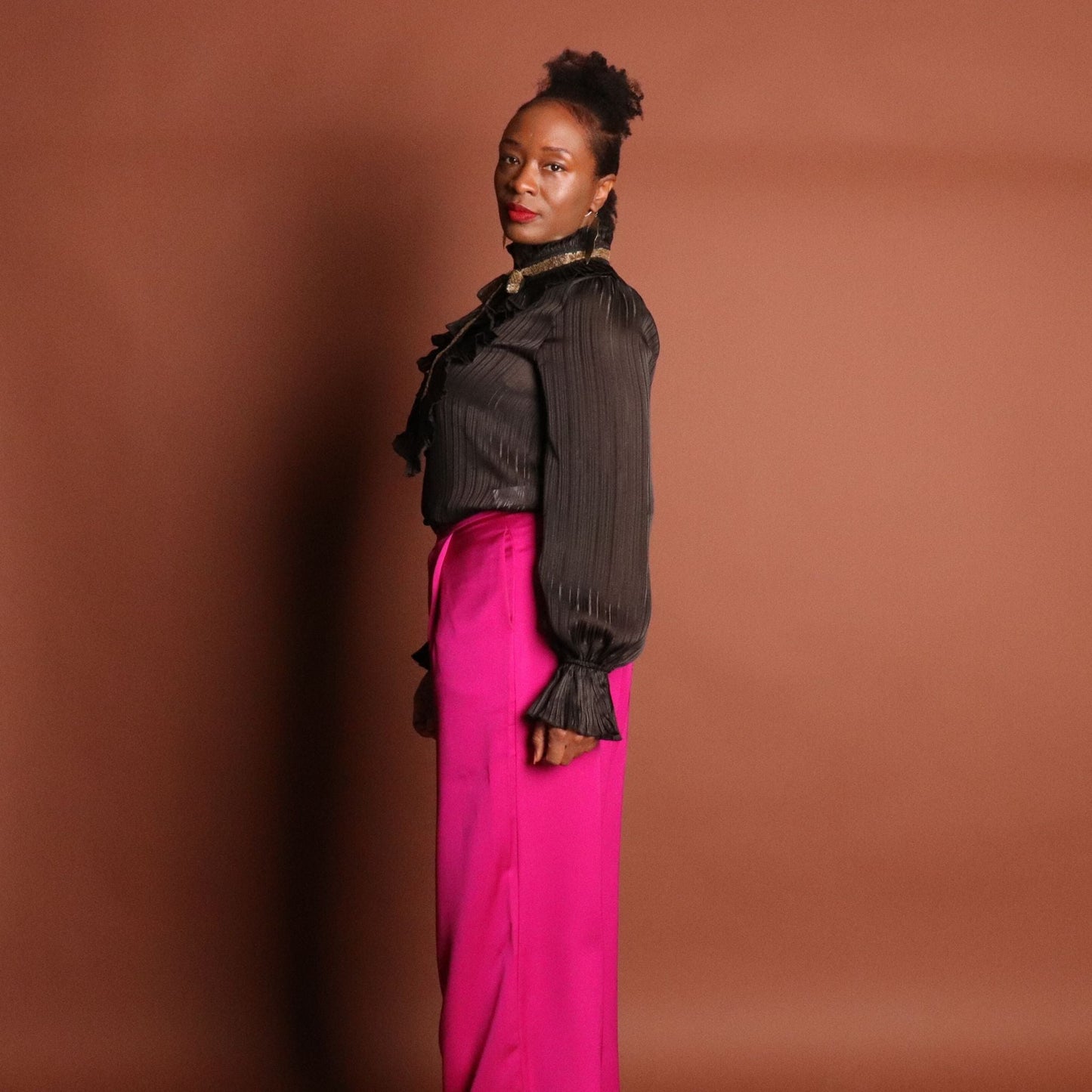 Woman's Black Ruffle Long Sleeve Blouse/Top Tops Mo'Nique Couture Fashions