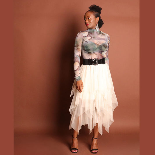 Woman's Beige Layered Midi Ruffle Skirt Skirts Mo'Nique Couture Fashions