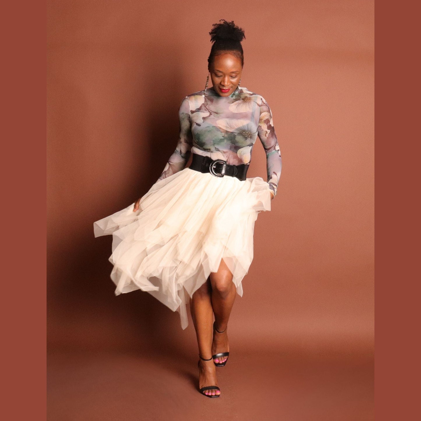 Woman's Beige Layered Midi Ruffle Skirt Skirts Mo'Nique Couture Fashions