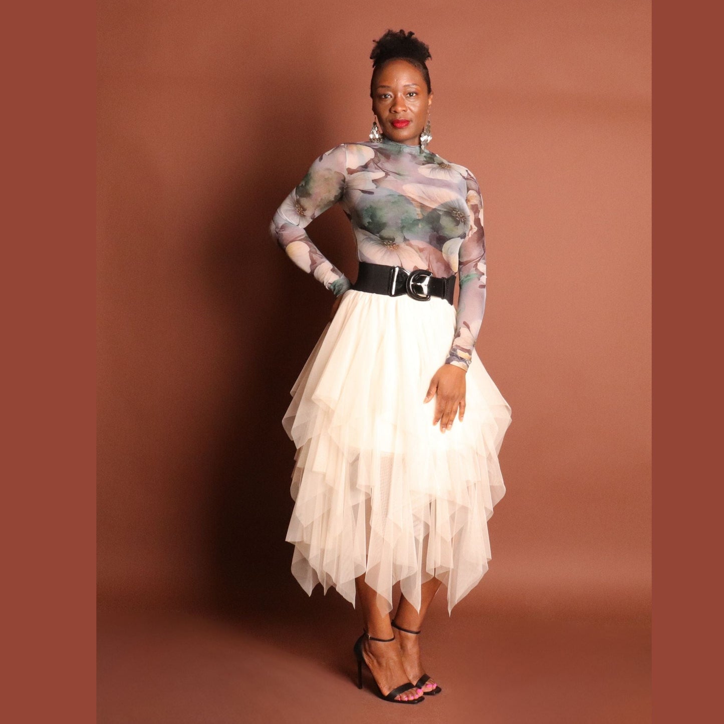 Woman's Beige Layered Midi Ruffle Skirt Skirts Mo'Nique Couture Fashions