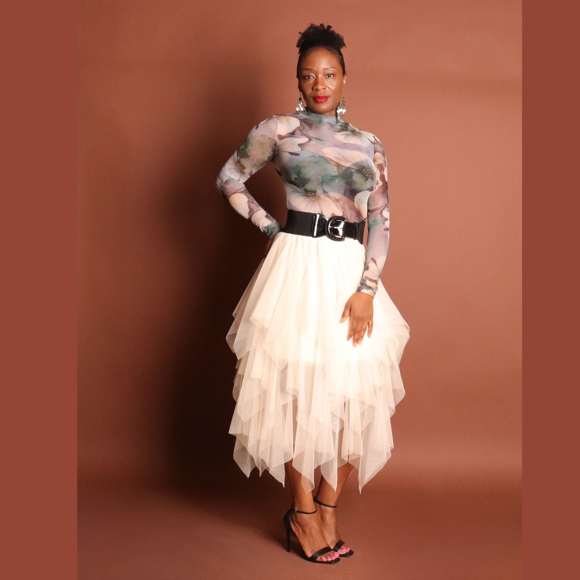 Woman's Beige Layered Midi Ruffle Skirt Skirts Mo'Nique Couture Fashions