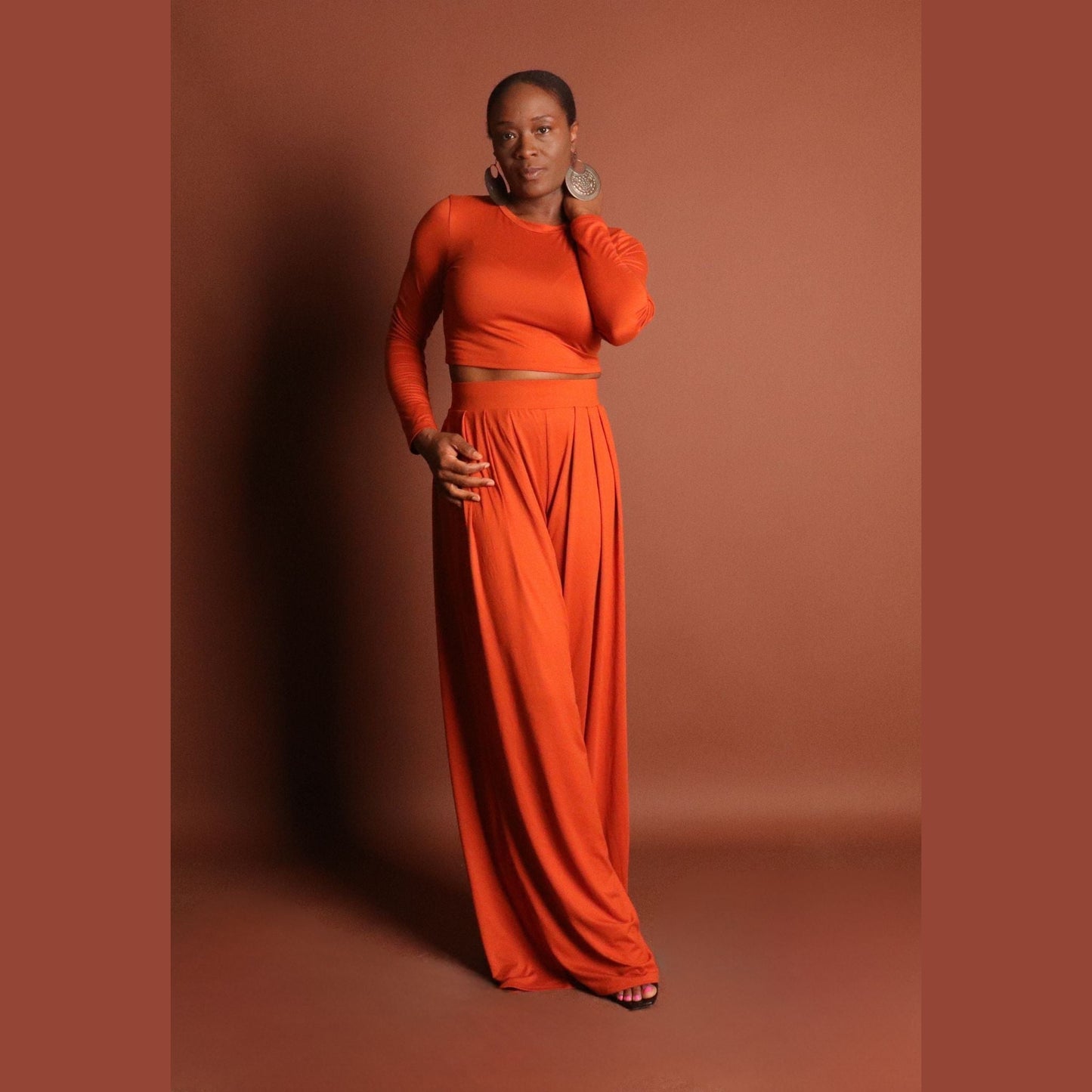 Women's Orange Crop Top Pants Set Sets Mo'Nique Couture Fashions