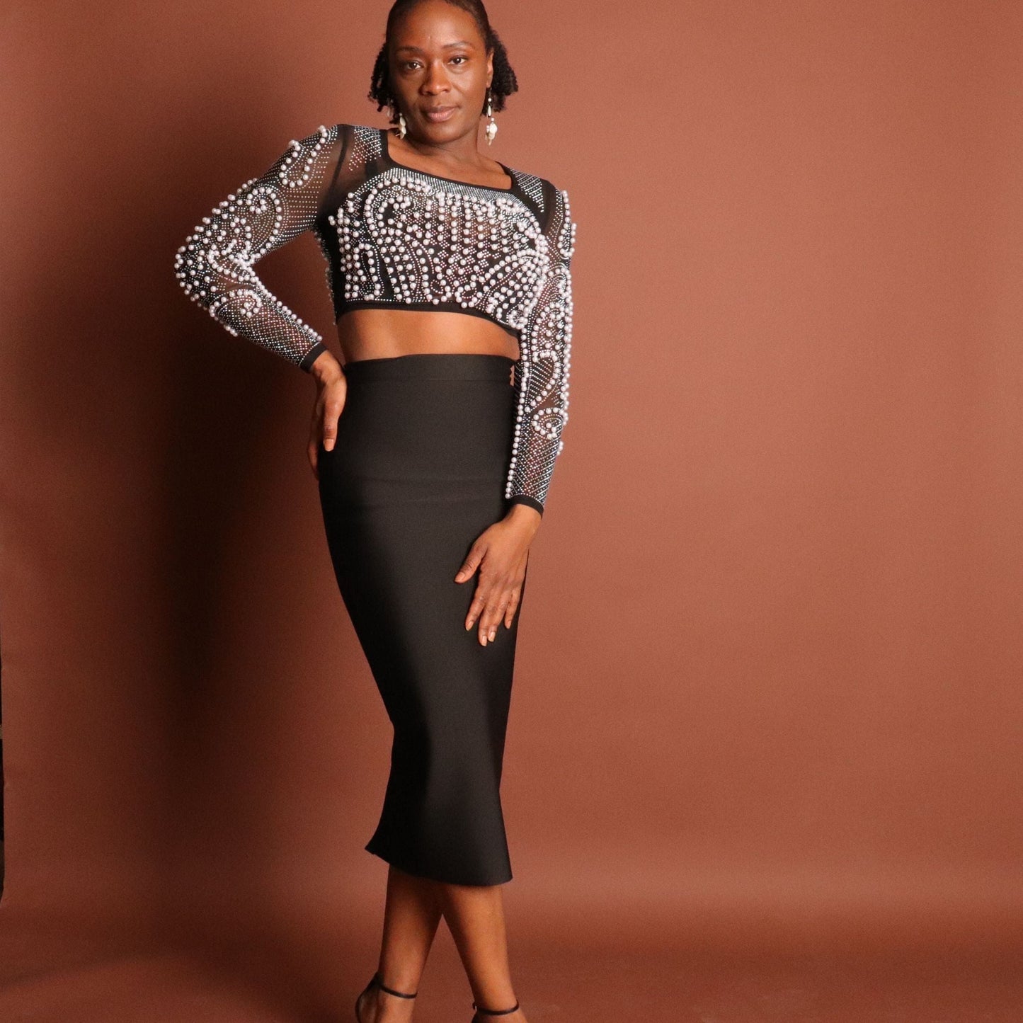 Black Pearl Crop Top & Midi Skirt Set Sets Mo'Nique Couture Fashions