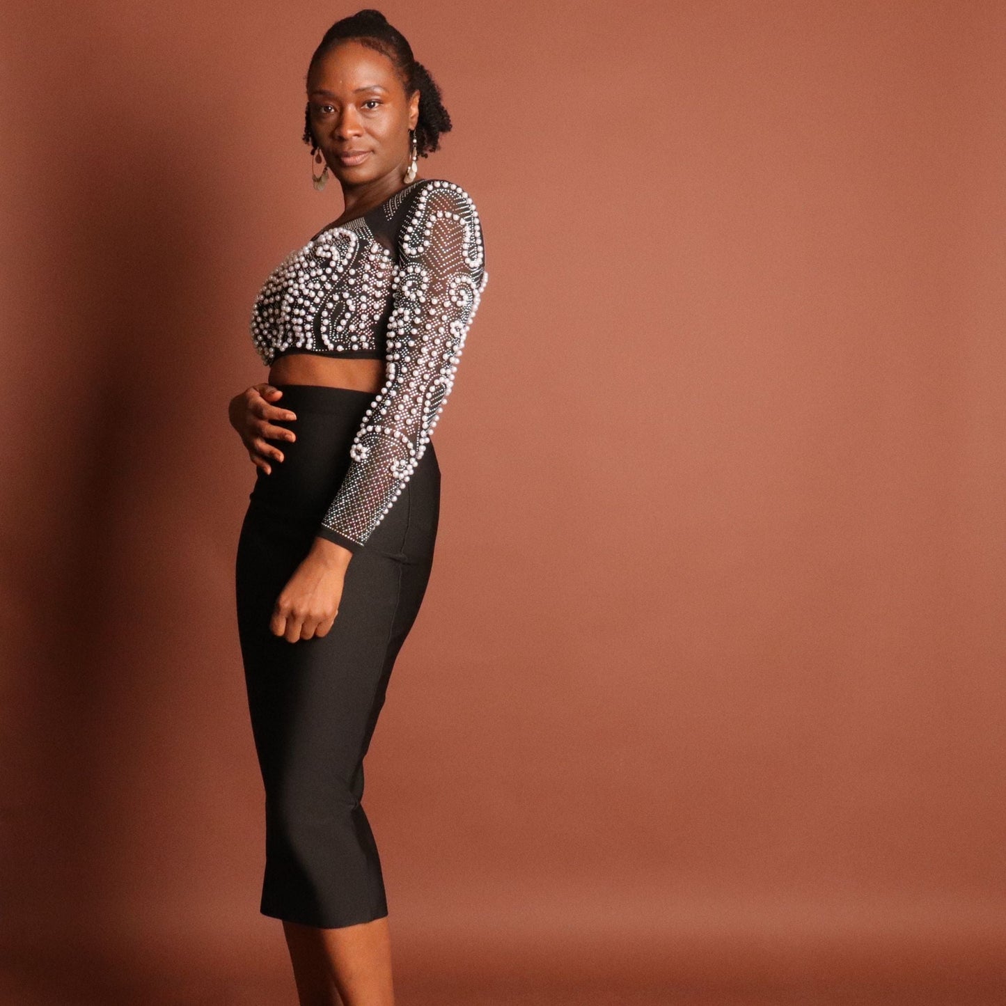 Black Pearl Crop Top & Midi Skirt Set Sets Mo'Nique Couture Fashions