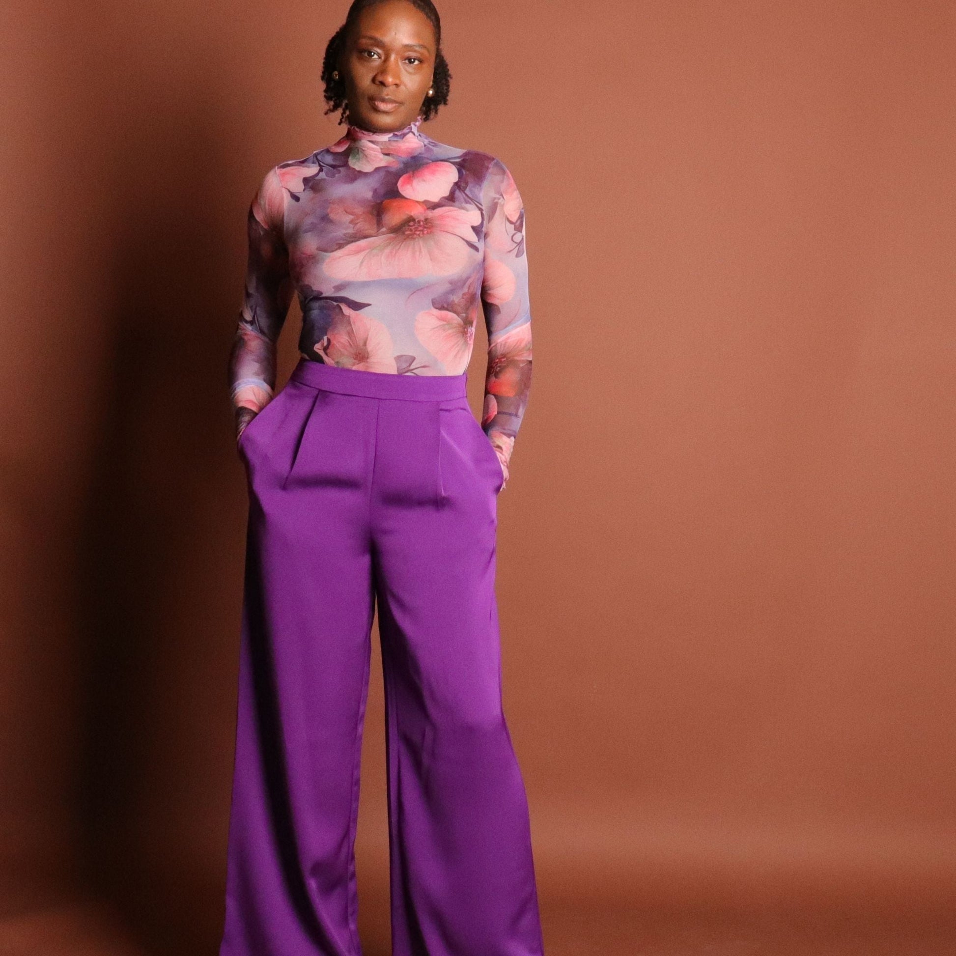 Elysia Sheer Long Sleeve Floral Bodysuit - Purple Tops Mo'Nique Couture Fashions