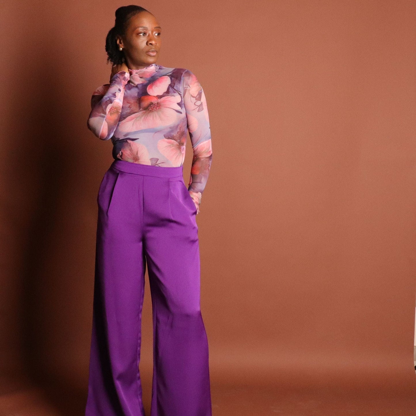 Elysia Sheer Long Sleeve Floral Bodysuit - Purple Tops Mo'Nique Couture Fashions