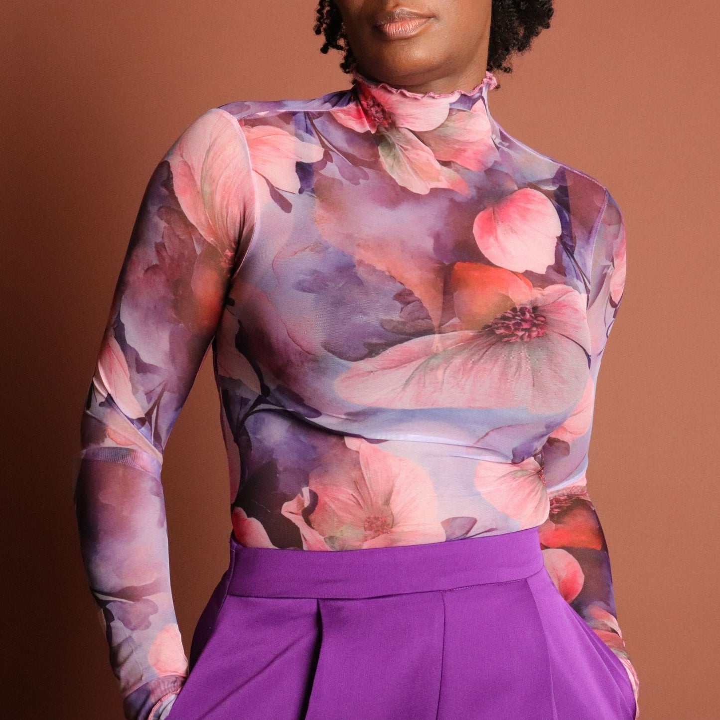 Elysia Sheer Long Sleeve Floral Bodysuit - Purple Tops Mo'Nique Couture Fashions Small Purple