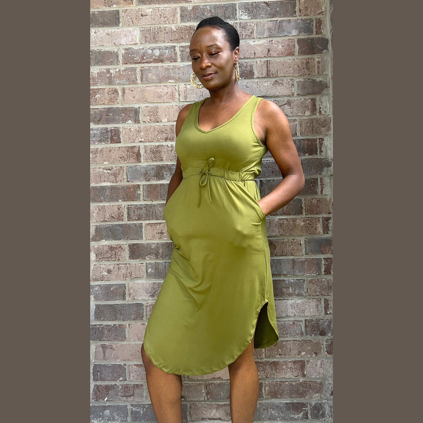 Drawstring Waist Dress Dress Monique's Couture Fashions Green S 