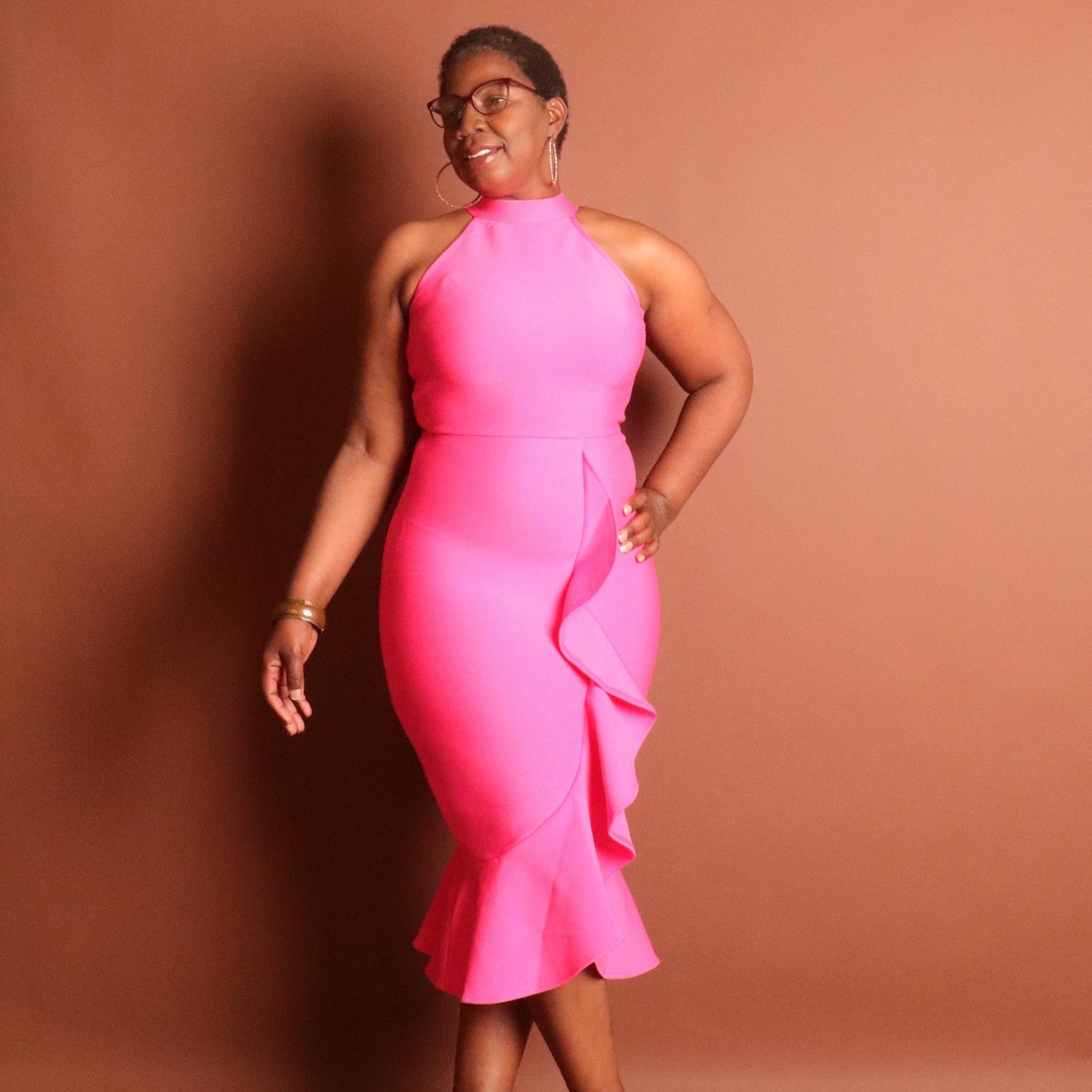 Sapphire Bandage Ruffle Dress Dress Mo'Nique Couture Fashions Large Pink 