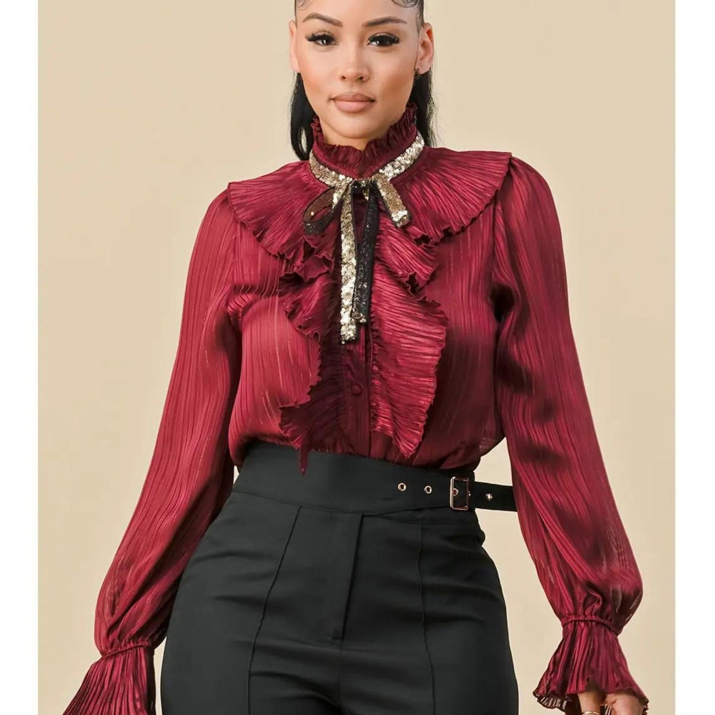 Women's Red Long Sleeve Ruffle Blouse Tops Mo'Nique Couture Fashions 