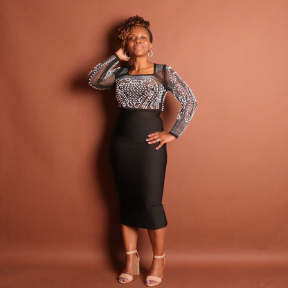 Black Pearl Crop Top & Midi Skirt Set Sets Mo'Nique Couture Fashions Medium Black 
