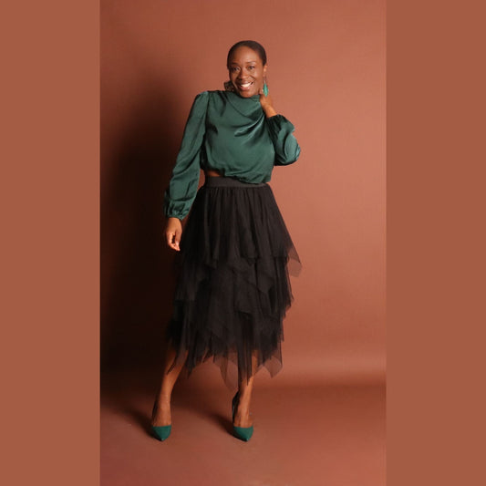 Woman's Black Layered Midi Ruffle Skirt Skirts Mo'Nique Couture Fashions 