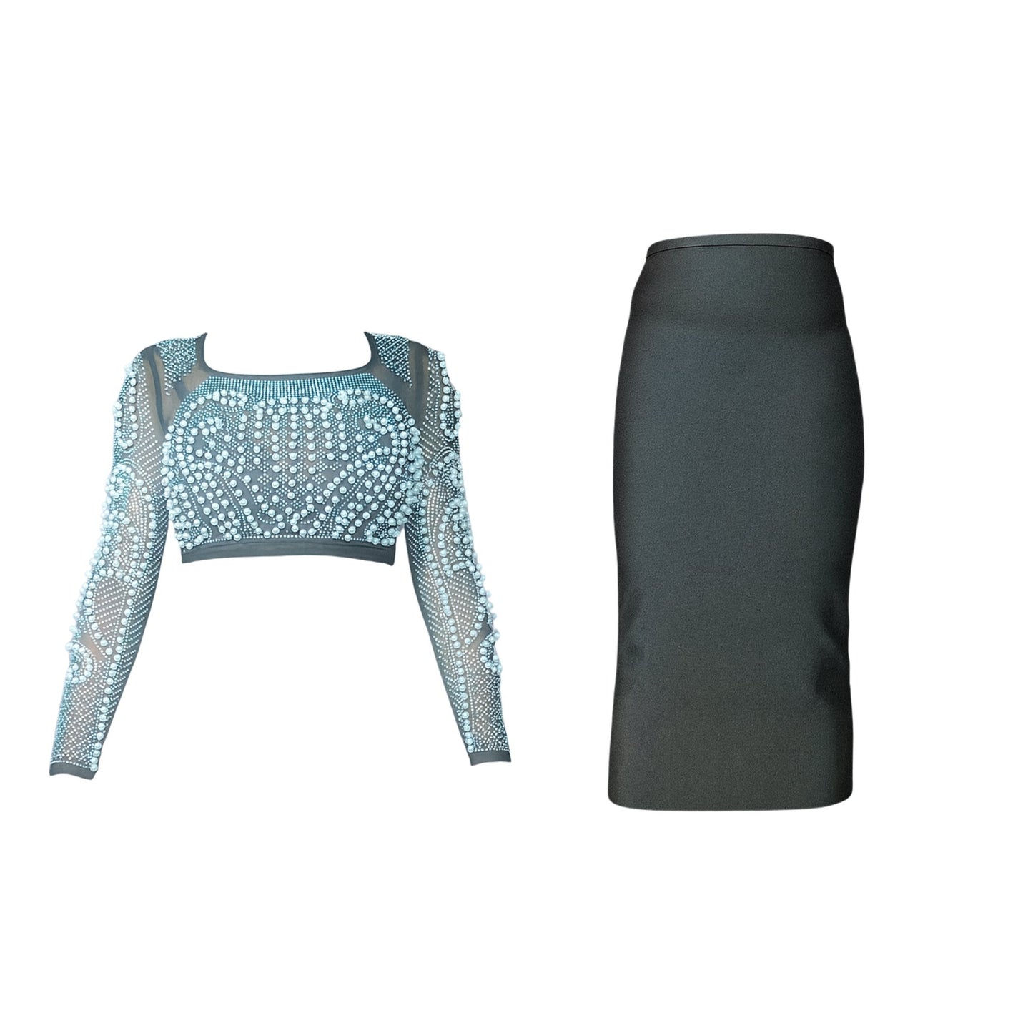 Black Pearl Crop Top & Midi Skirt Set Sets Mo'Nique Couture Fashions 