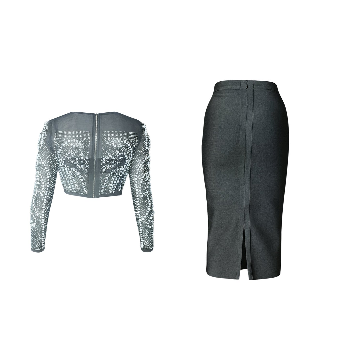 Black Pearl Crop Top & Midi Skirt Set Sets Mo'Nique Couture Fashions 