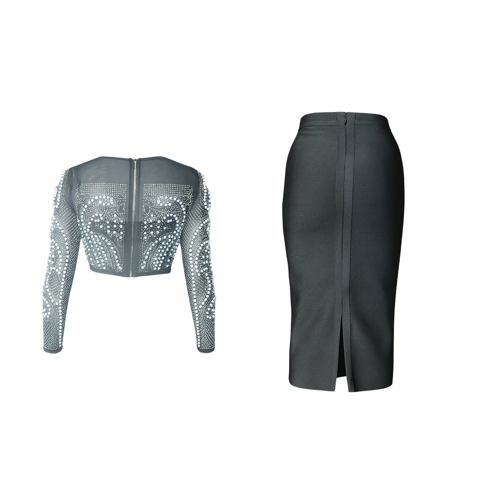 Black Pearl Crop Top & Midi Skirt Set Sets Mo'Nique Couture Fashions 