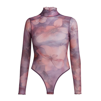 Elysia Sheer Long Sleeve Floral Bodysuit - Purple Tops Mo'Nique Couture Fashions 