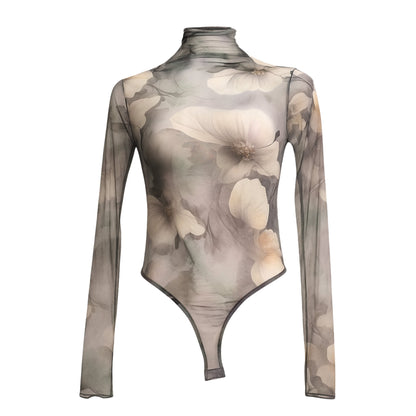 Elysia Sheer Long Sleeve Floral Bodysuit - Grey Tops Mo'Nique Couture Fashions 