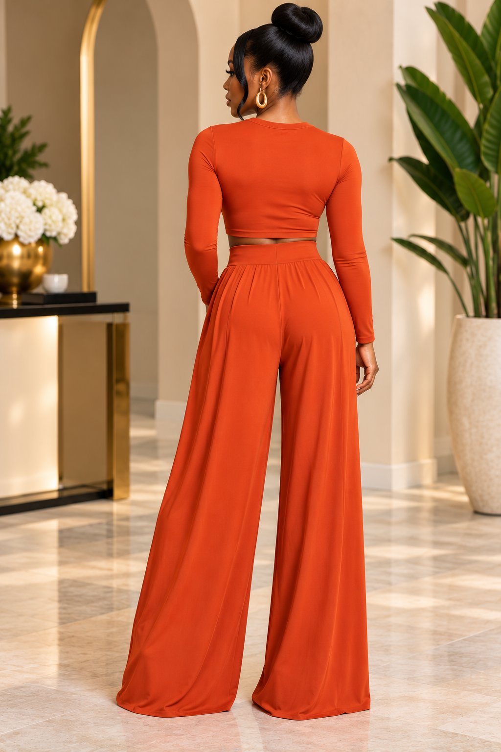 Women's Orange Crop Top Pants Set Sets Mo'Nique Couture Fashions 