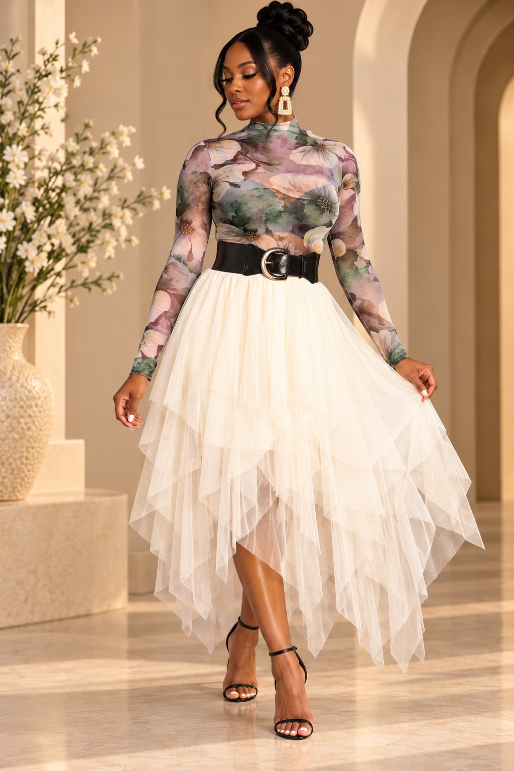 Woman's Beige Layered Midi Ruffle Skirt Skirts Mo'Nique Couture Fashions 