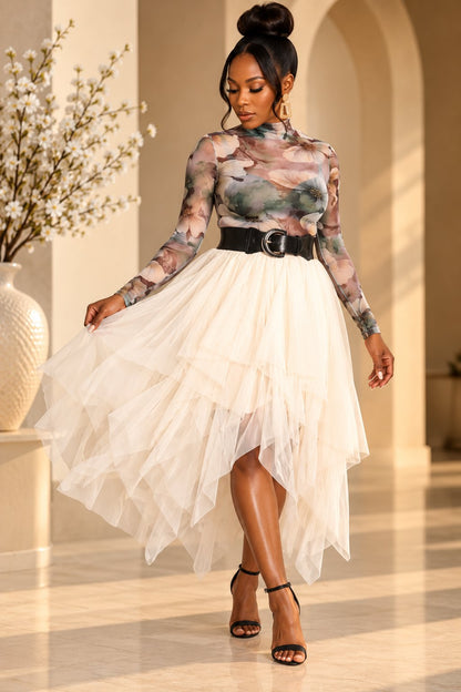 Woman's Beige Layered Midi Ruffle Skirt Skirts Mo'Nique Couture Fashions 