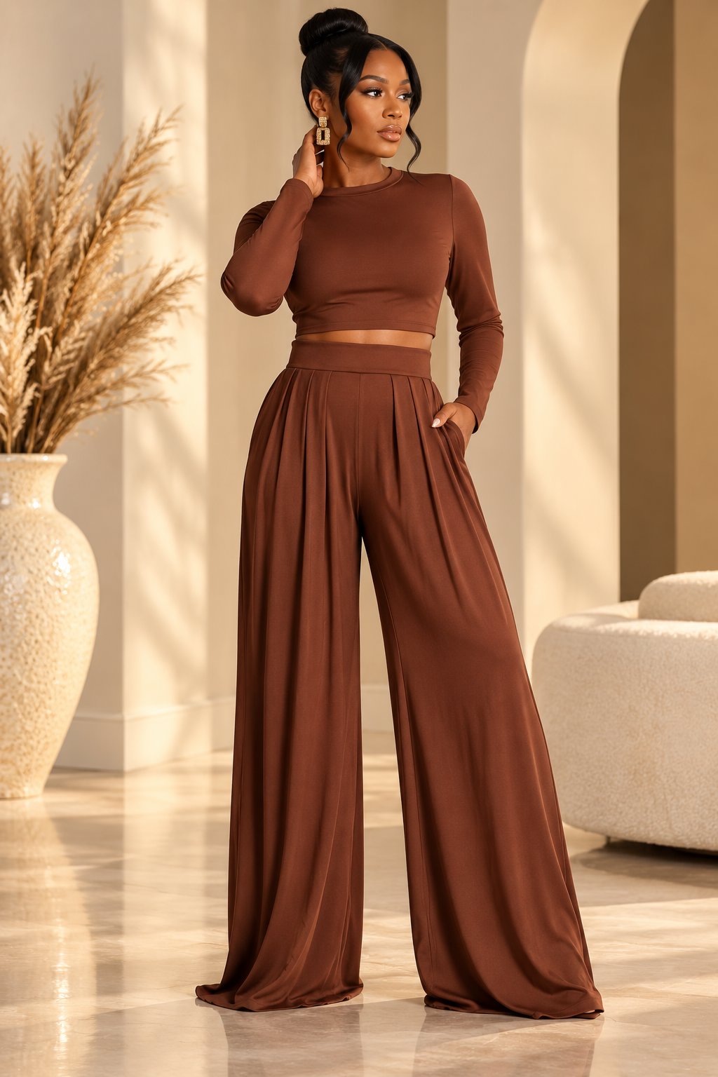 Women's Brown Crop Top and Pants Set Sets Mo'Nique Couture Fashions 