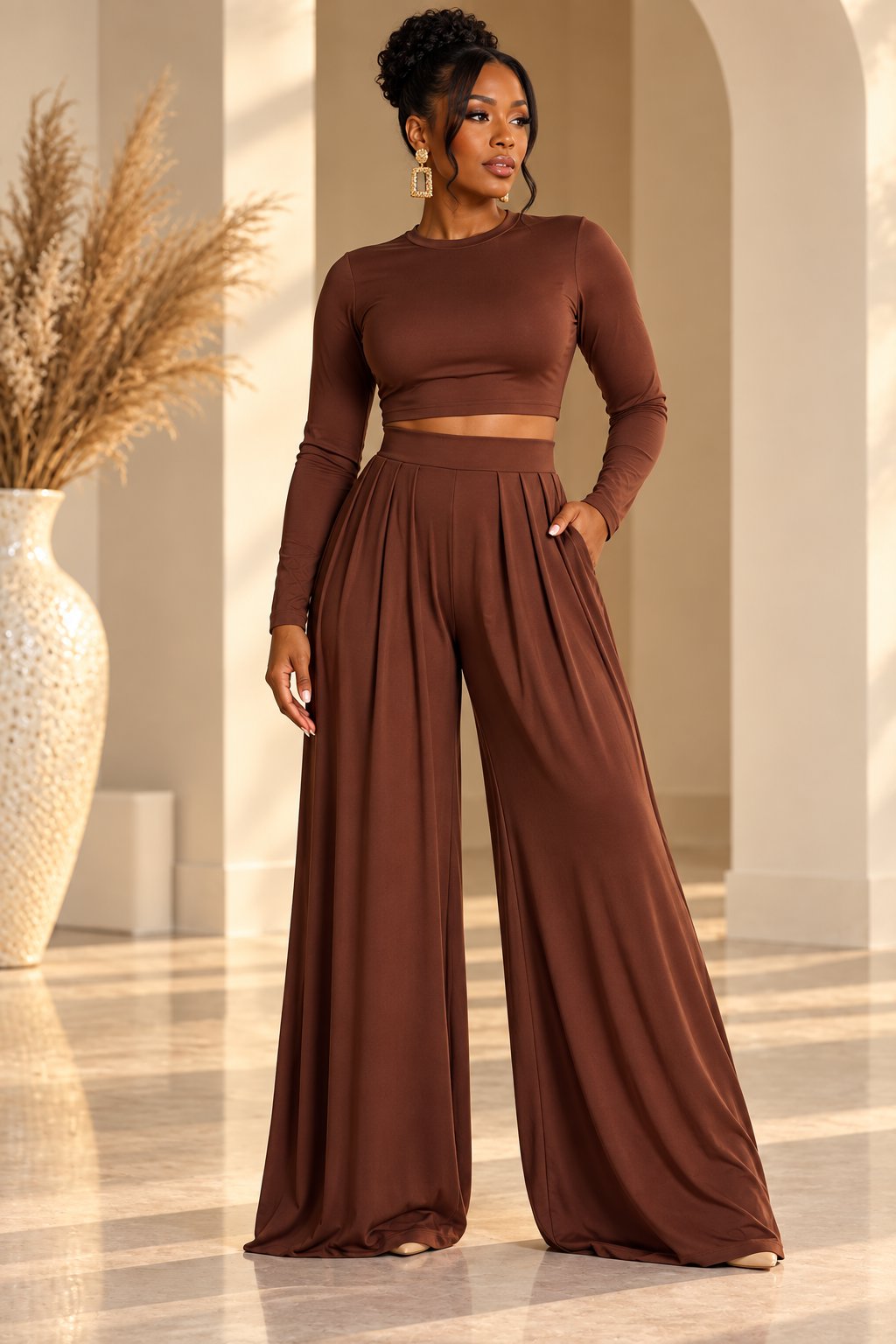 Women's Brown Crop Top and Pants Set Sets Mo'Nique Couture Fashions 