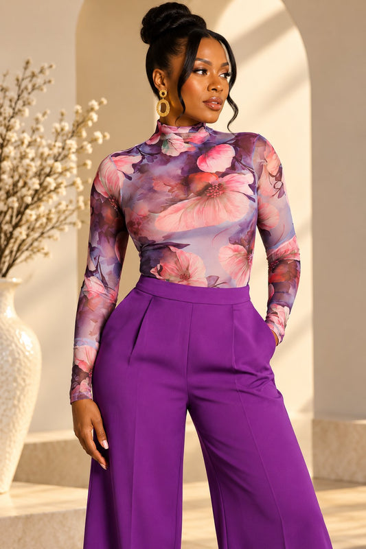 Elysia Sheer Long Sleeve Floral Bodysuit - Purple Tops Mo'Nique Couture Fashions 