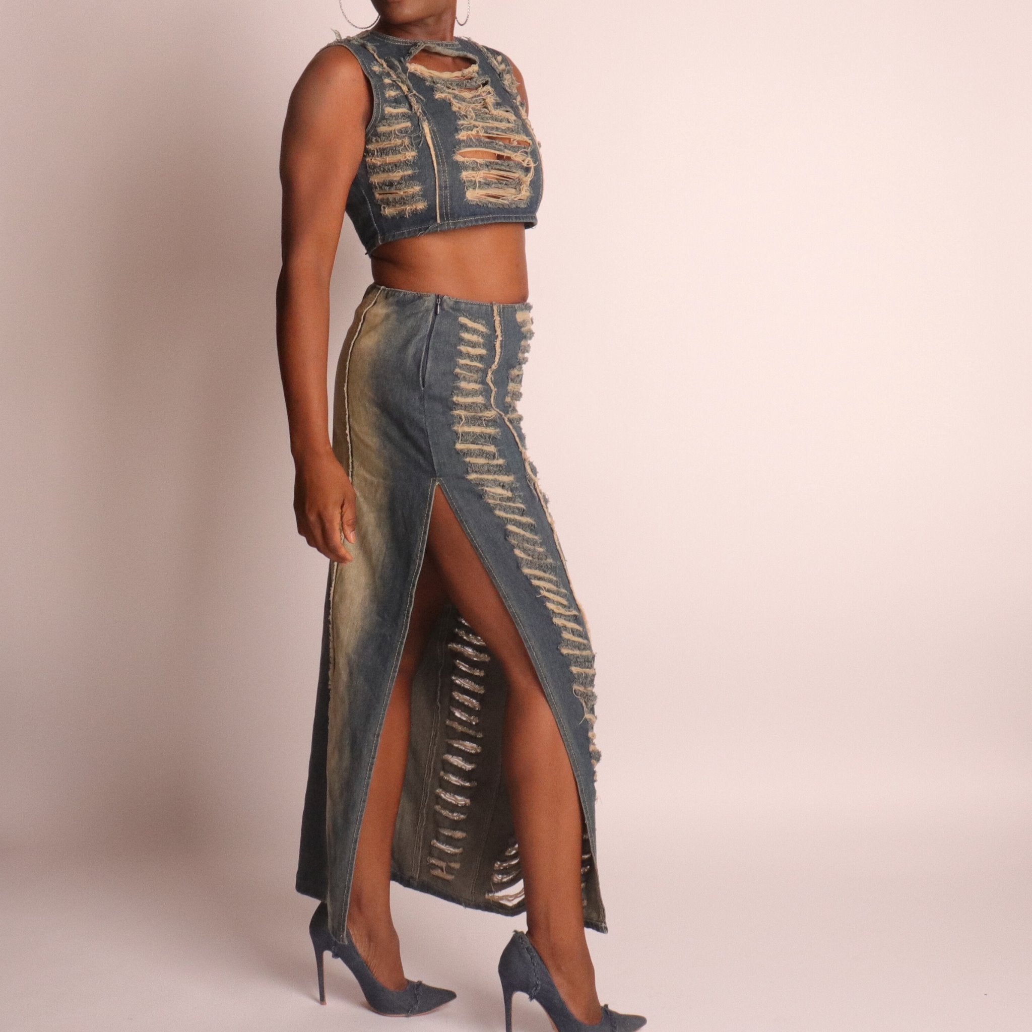 Kira Two Piece Shredded Denim Skirt Set Sets Mo'Nique Couture Fashions 