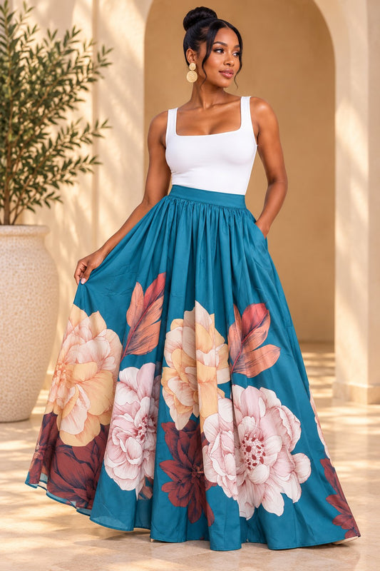 Women's Blue Floral Maxi Skirt Skirts Mo'Nique Couture Fashions 