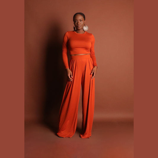 Women's Orange Crop Top Pants Set Sets Mo'Nique Couture Fashions 