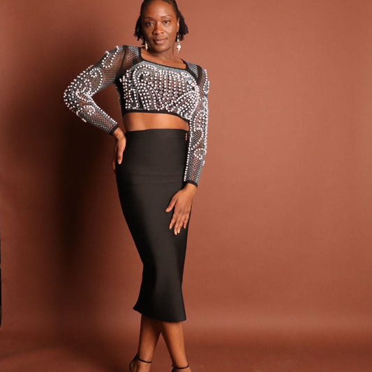Black Pearl Crop Top & Midi Skirt Set Sets Mo'Nique Couture Fashions 