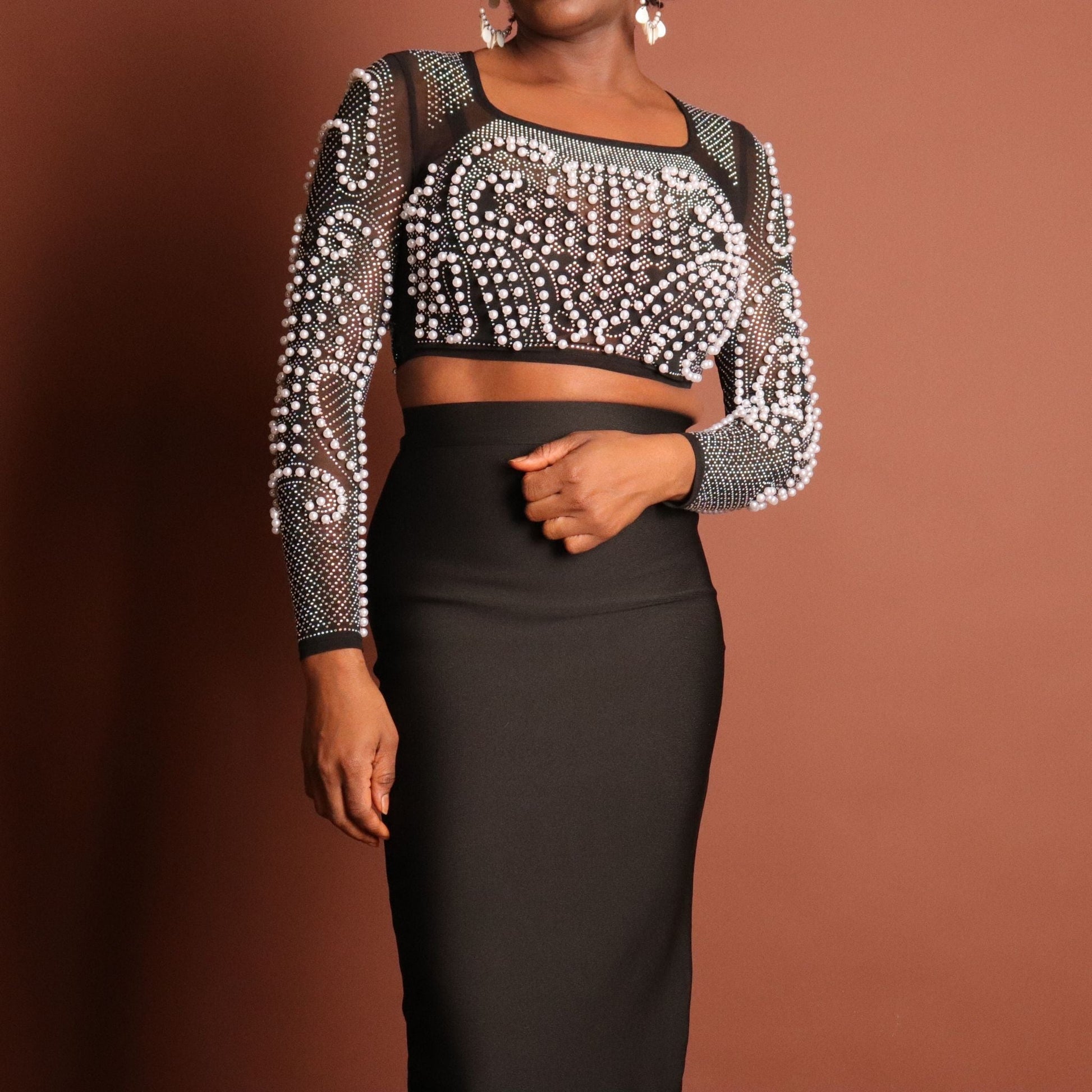 Black Pearl Crop Top & Midi Skirt Set Sets Mo'Nique Couture Fashions 