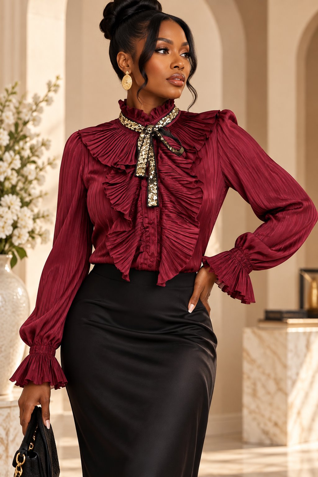 Women's Red Long Sleeve Ruffle Blouse Tops Mo'Nique Couture Fashions 