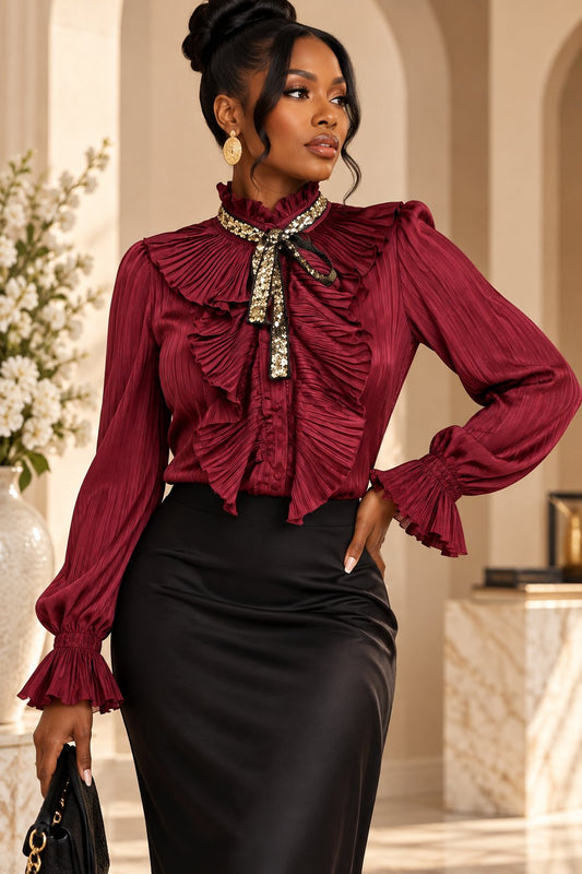 Women's Red Long Sleeve Ruffle Blouse Tops Mo'Nique Couture Fashions 