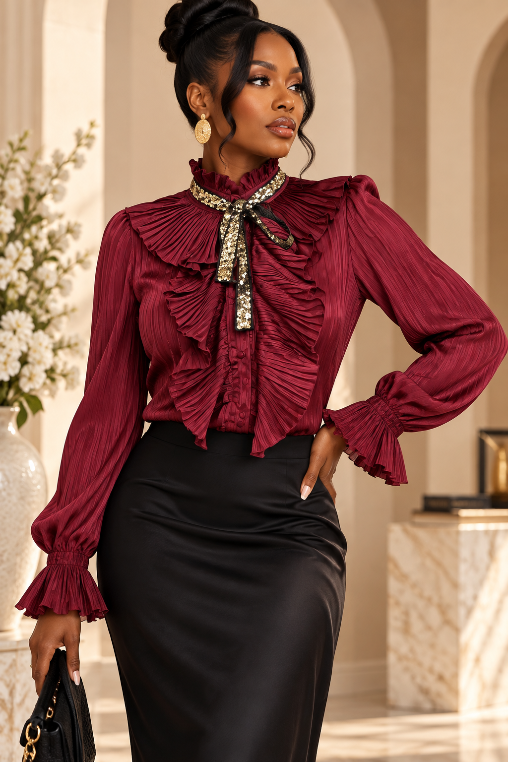 A woman models a long-sleeve burgundy pleated blouse with a high ruffled collar and a jeweled bow tie detail, paired with a black satin pencil skirt in an elegant indoor setting.