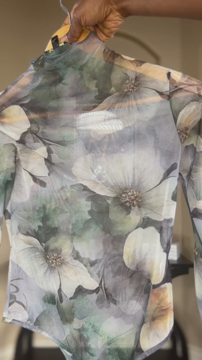 Elysia Sheer Long Sleeve Floral Bodysuit - Grey